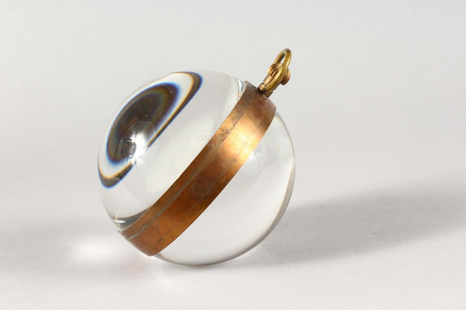 A LARGE OMEGA STYLE GLASS BALL WATCH, with open face and movement. 3ins diameter. - Image 2 of 3