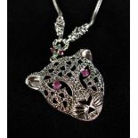 A GOOD SILVER MARCASITE, RUBY AND EMERALD SET NECKLACE.