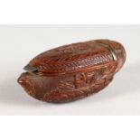A GOOD CARVED COQUILLA NUT SNUFF BOX. 3ins long.