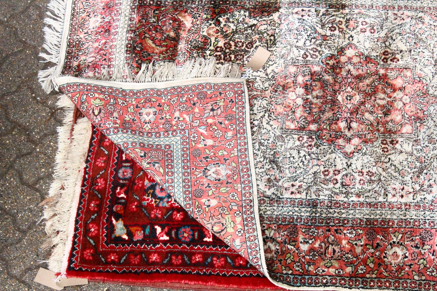 A 20TH CENTURY PART SILK PERSIAN RUG, beige ground with allover stylised floral decoration within - Image 2 of 2