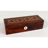 A TUNBRIDGE WARE DOMINOES BOX, with parquetry top opening to reveal a set of bone dominoes. 9.5ins