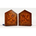 A PAIR OF TUNBRIDGE WARE PARQUETRY BOOKENDS. 4ins high.