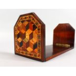 A TUNBRIDGE WARE SLIDING BOOK STAND, the folding sides with parquetry, the other inlaid with a rose.