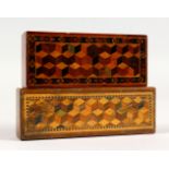 TWO TUNBRIDGE WARE LONG BOXES, with parquetry inlaid top. 3.75ins long and 4.5ins long.