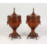 A GOOD PAIR OF ADAM REVIVAL MAHOGANY PEDESTAL URNS OR TEA CADDIES, with well carved decoration,