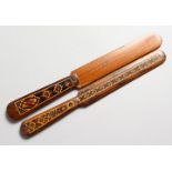 TWO TUNBRIDGE WARE PARQUETRY PAPER KNIVES. 7ins long.