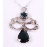 A WHITE GOLD BOW SHAPED DIAMOND AND GREEN SAPPHIRE PENDANT NECKLACE, on gold chain.