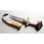 AN EASTERN DAGGER WITH HARDSTONE HANDLE AND SCABBARD. 11ins long.