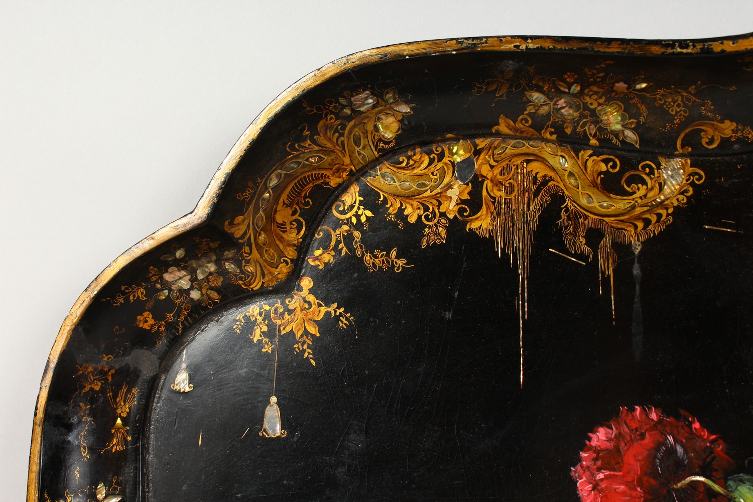 A GOOD LARGE VICTORIAN PAPIER MACHE SHAPED RECTANGULAR TRAY, painted to the centre with a vase of - Image 5 of 11