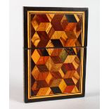 A TUNBRIDGE WARE MARQUETRY AND PARQUETRY CALLING CARD CASE. 4ins x 2.75ins.