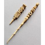 TWO 19TH CENTURY CARVED BONE SEWING HOOKS. 2.75ins and 5.75ins long.