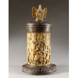 A SUPERB LARGE 17TH-18TH CENTURY AUGSBURG SILVER AND IVORY TANKARD, the lid set with semi-precious