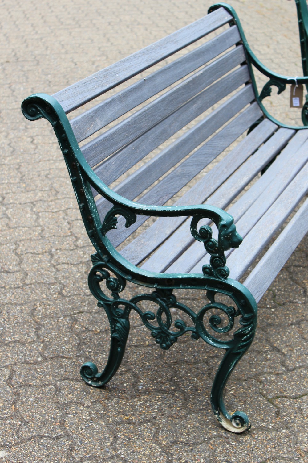 A PAIR OF VICTORIAN STYLE GARDEN BENCHES, each with ornate cast metal ends and wooden slats; - Image 4 of 5