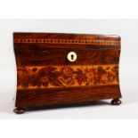 A VERY GOOD TUNBRIDGE WARE MARQUETRY AND PARQUETRY SLIGHTLY DOMED TOP TEA CADDY, the top inlaid with