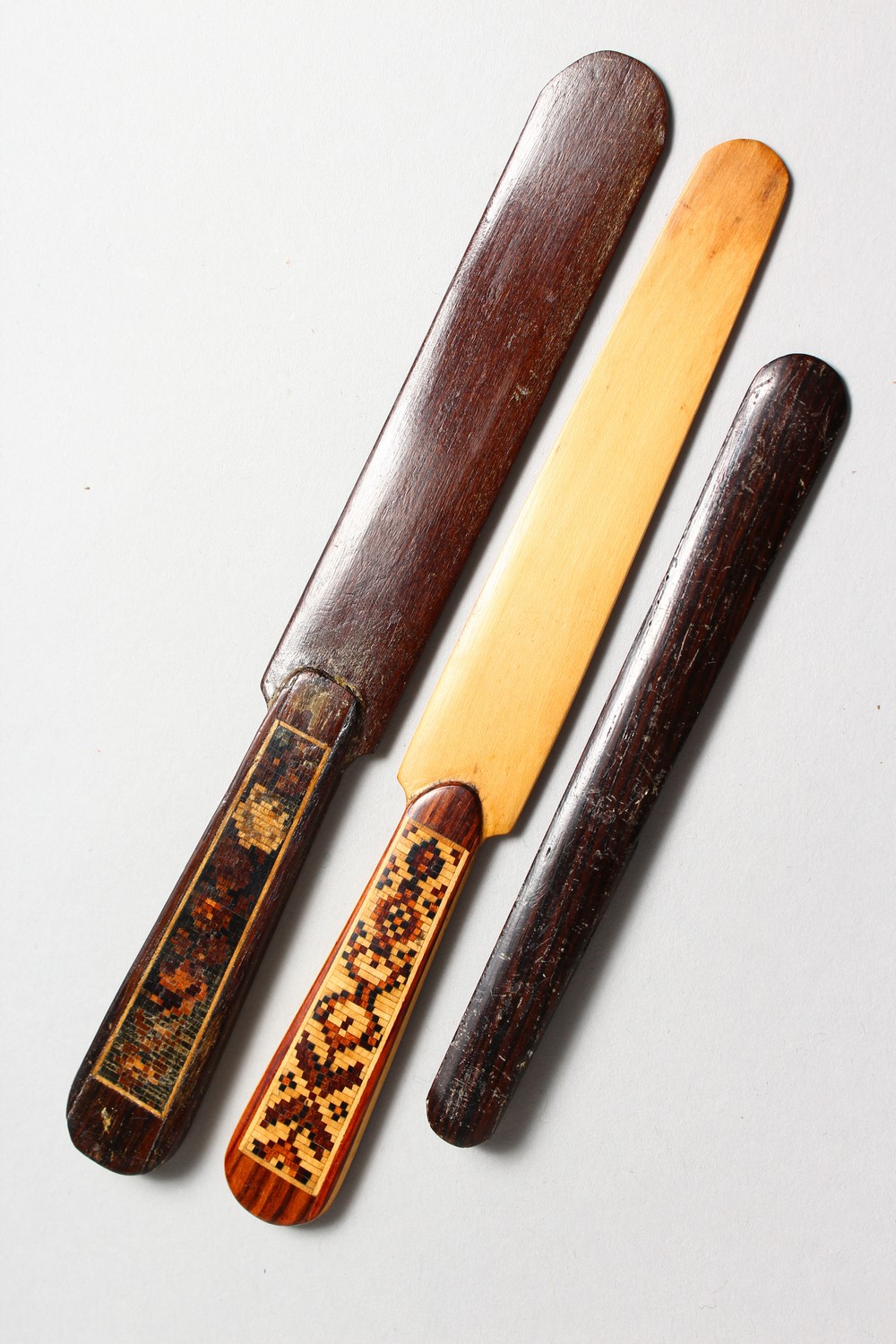 THREE TUNBRIDGE WARE PARQUETRY PAPER KNIVES. 5ins, 7ins and 7.5ins long. - Image 3 of 4