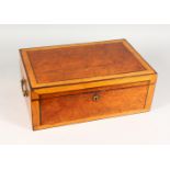 A GOOD 19TH CENTURY BURR MAHOGANY AND SATINWOOD BANDED WRITING SLOPE, with fitted interior and brass