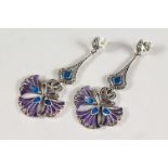A PAIR OF SILVER AND MARCASITE PLIQUE ENAMEL DROP EARRINGS.