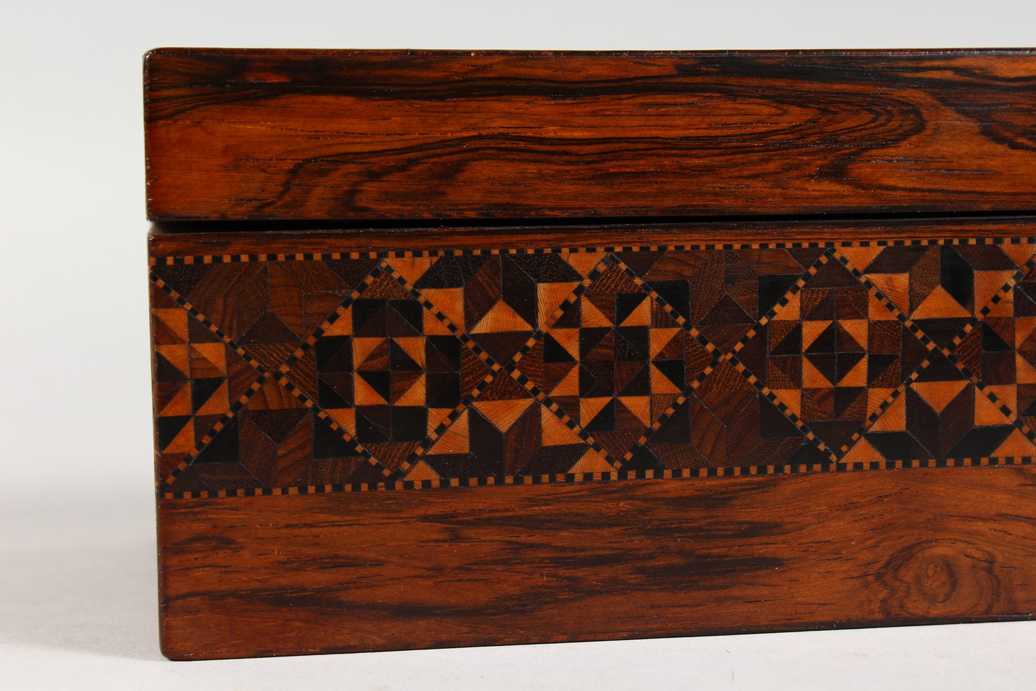 A GOOD TUNBRIDGE WARE LONG BOX, the hinged top inlaid with a bird and parquetry, parquetry to the - Image 6 of 12