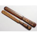 TWO TUNBRIDGE WARE PARQUETRY PAPER KNIVES. 10ins long.