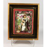 A DECORATIVE STUMPWORK STYLE PICTURE OF A LADY IN A GARDEN, 20TH CENTURY, framed and glazed. 14ins x
