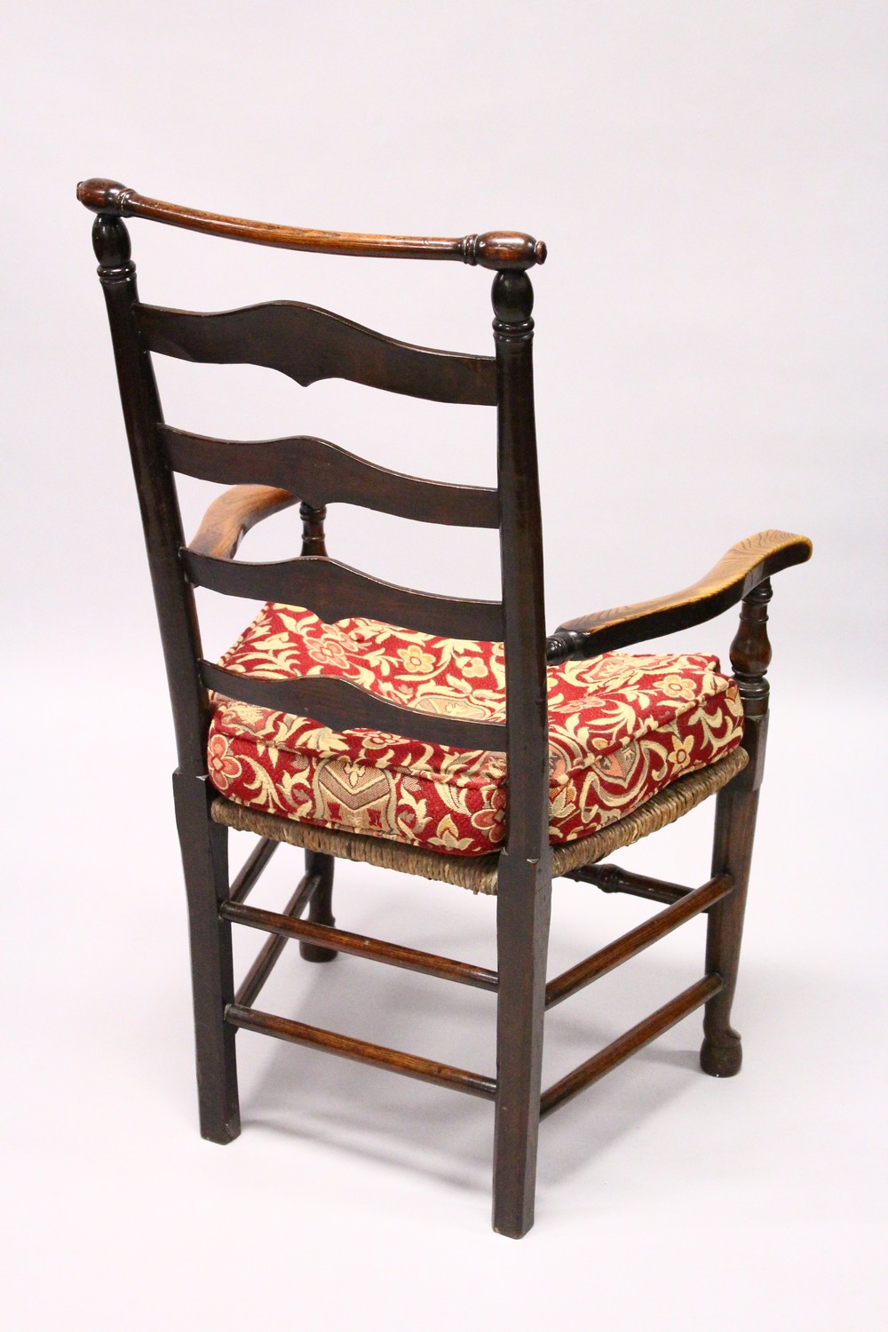 A GOOD 18TH CENTURY OAK LADDER BACK ARMCHAIR, with rushwork seat. - Image 6 of 6