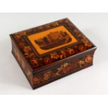 A SUPERB TUNBRIDGE WARE BOX AND COVER, the slightly domed top inlaid with "Leeds Castle"