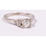 A PLATINUM SET ART DECO DIAMOND RING, with stepped mount, 40 points approx.