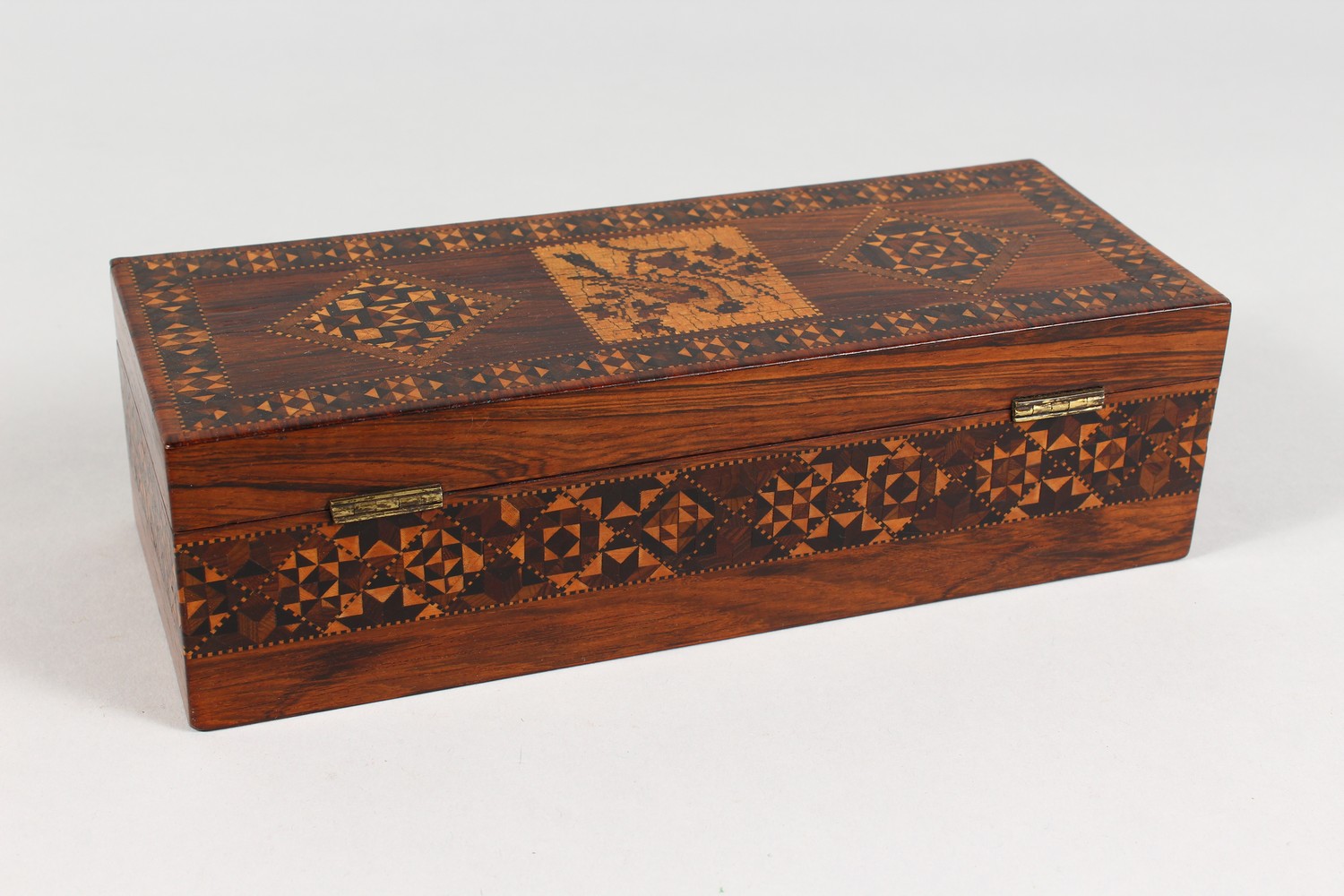A GOOD TUNBRIDGE WARE LONG BOX, the hinged top inlaid with a bird and parquetry, parquetry to the - Image 8 of 12