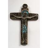 A SMALL BRONZE CRUCIFIX with enamel decoration. 4.75ins high.