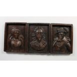 THREE SMALL RELIEF CARVED WOOD PANELS, Elizabeth I, Charles I, Walter Raleigh (?). 5.5ins x 4.