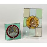 A 19TH CENTURY CONTINENTAL PICTORIAL STAINED GLASS ROUNDEL, framed square, and a larger stained