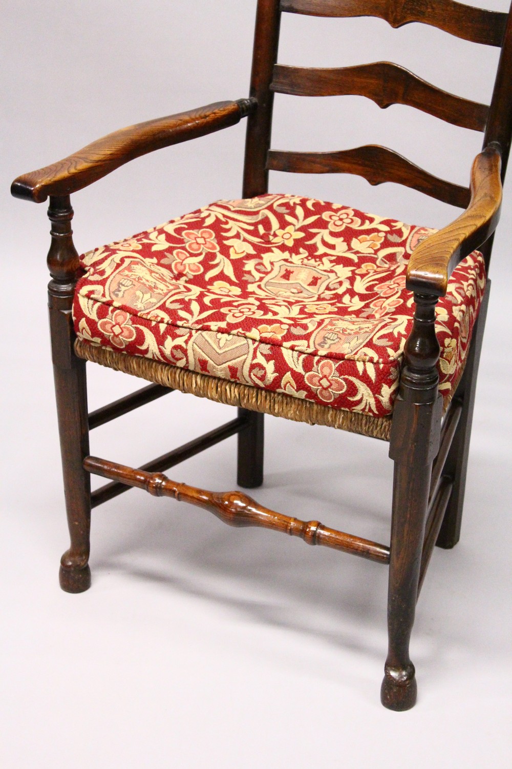 A GOOD 18TH CENTURY OAK LADDER BACK ARMCHAIR, with rushwork seat. - Image 2 of 6