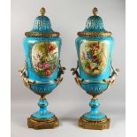 IN THE STYLE OF SEVRES - A LARGE PAIR OF PORCELAIN VASES WITH ORMOLU MOUNTS, 20th century, the