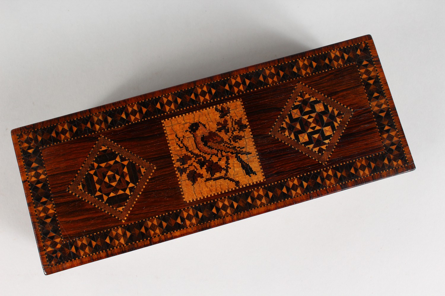 A GOOD TUNBRIDGE WARE LONG BOX, the hinged top inlaid with a bird and parquetry, parquetry to the - Image 2 of 12