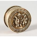 A CHINESE ROUND SILVER BOX AND COVER, key pattern decoration with figures. 1.5ins diameter.