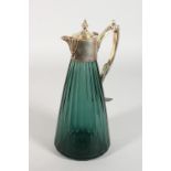 A TURQUOISE GREEN TAPERING CLARET JUG, with plated lid and handle.