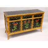 A CHINESE DESIGN BLACK LACQUER AND BAMBOO SIDEBOARD, 20TH CENTURY, with gilded and painted