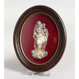 AN EMBOSSED WHITE METAL MADONNA AND CHILD, framed. 5.75ins high.