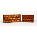 TWO TUNBRIDGE WARE PARQUETRY BOXES. 4ins and 2.5ins long (2).