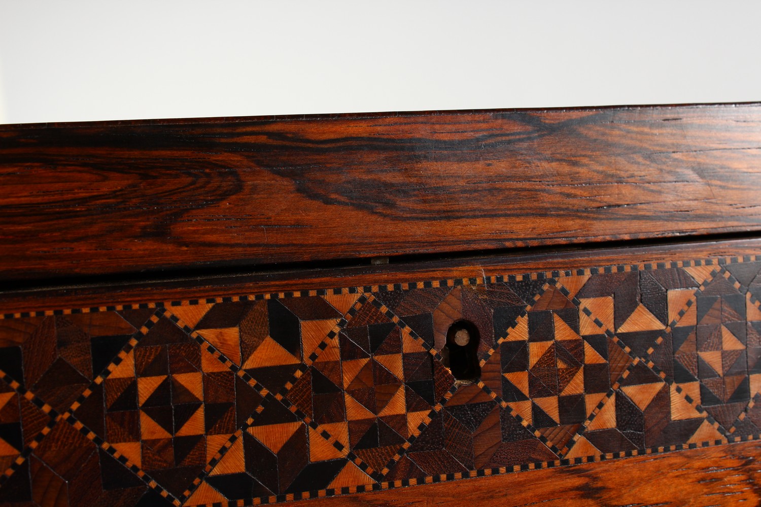 A GOOD TUNBRIDGE WARE LONG BOX, the hinged top inlaid with a bird and parquetry, parquetry to the - Image 10 of 12