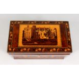 A VERY GOOD TUNBRIDGE WARE DOMED TOP TWO-DIVISION TEA CADDY, the top inlaid with Hever Castle,