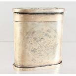 AN OVAL CHINESE SILVER BOX AND COVER, edged with figures and calligraphy. 3.75ins high.