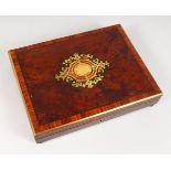 A GOOD 19TH CENTURY BURR WOOD AND TULIP WOOD BANDED GAMES BOX, with brass inlay and a fitted