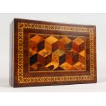 A TUNBRIDGE WARE PARQUETRY INLAID BOX, with hinged lid. 7ins long.