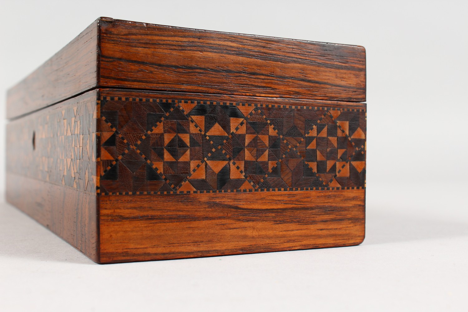 A GOOD TUNBRIDGE WARE LONG BOX, the hinged top inlaid with a bird and parquetry, parquetry to the - Image 9 of 12