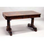 IN THE MANNER OF GILLOW, A SUPERB 19TH CENTURY ROSEWOOD AND MARQUETRY LIBRARY TABLE, the rounded