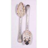 A PAIR OF GEORGE III FRUIT SPOONS, the bowls with fruit. London 1802 and 1801.