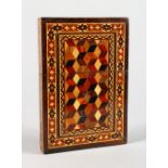 A TUNBRIDGE WARE MARQUETRY AND PARQUETRY CALLING CARD CASE. 4ins x 2.75ins.