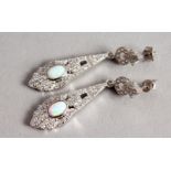 A PAIR OF SILVER AND OPAL DECO DESIGN DROP EARRINGS.