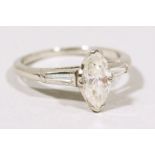 A PLATINUM SET SINGLE STONE MARQUISE DIAMOND RING, 80 points approx.